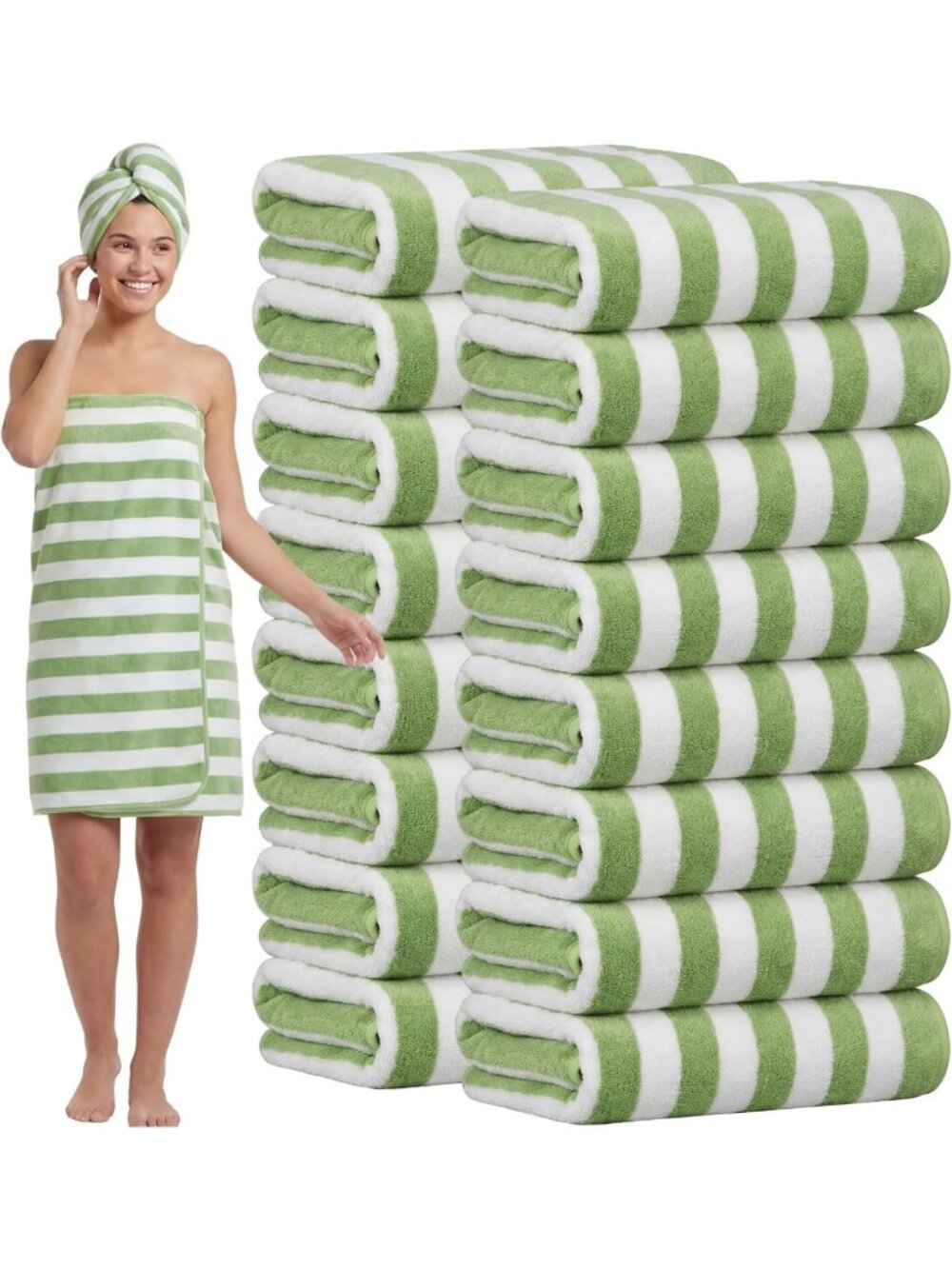 16 Pack Microfiber Bath Towels - Soft, Quick-Dry, Green Stripe Design